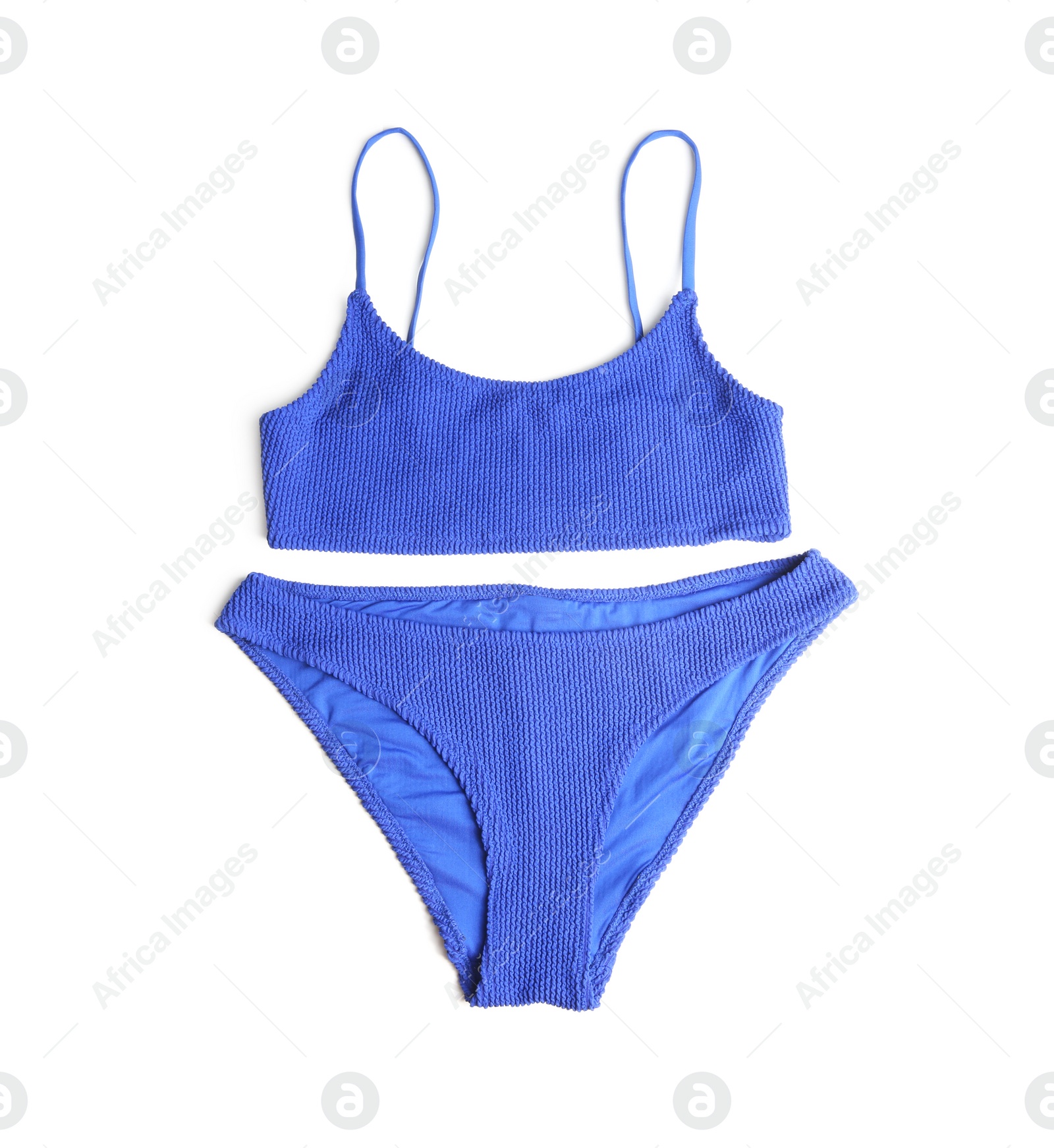 Photo of Blue swimsuit on white background. Beach accessory