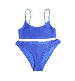 Blue swimsuit on white background. Beach accessory