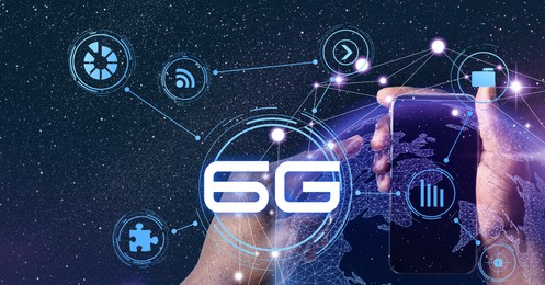Image of Man using smartphone with 6G network system, closeup. Banner design