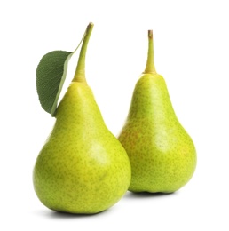 Whole ripe pears on white background