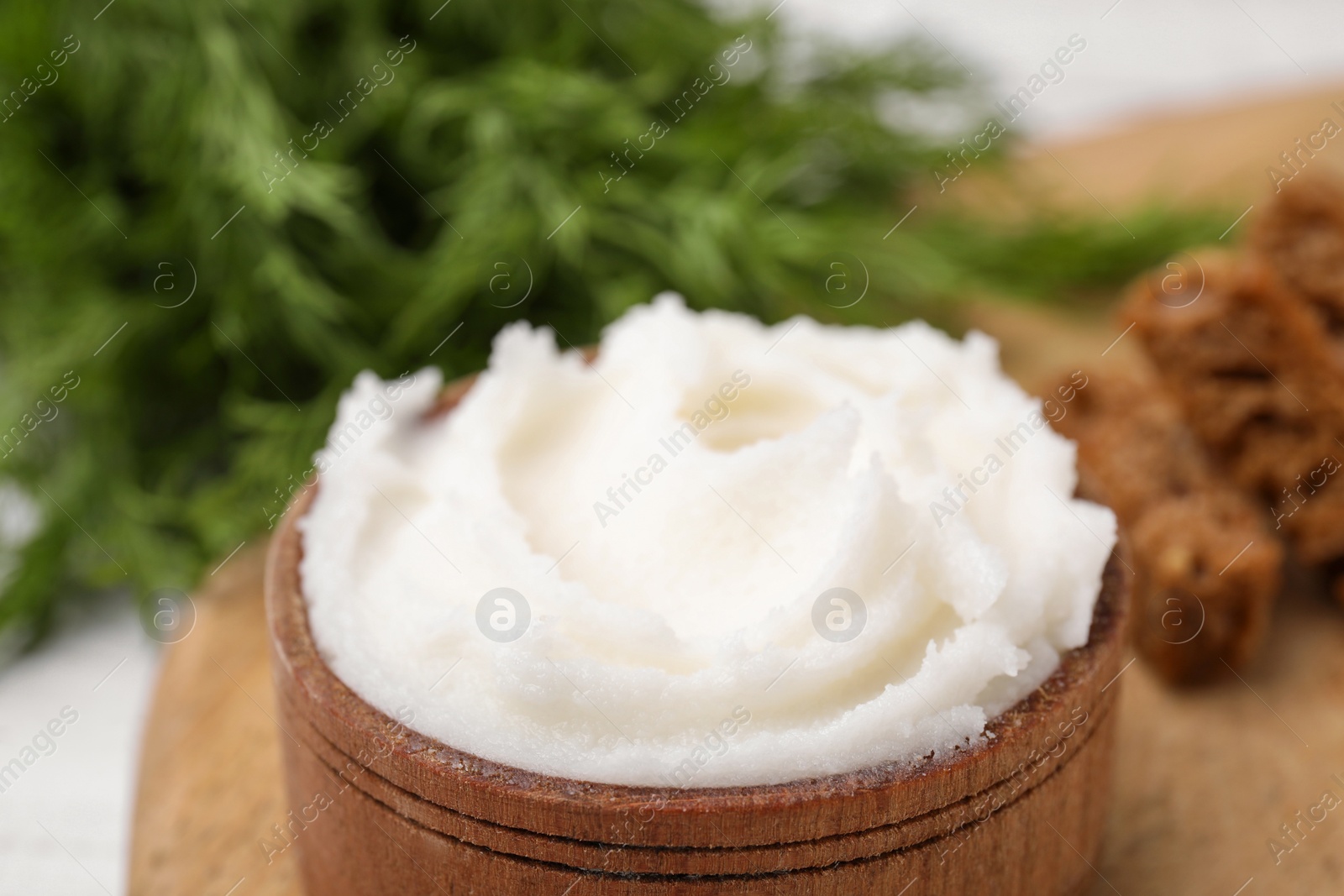 Photo of Delicious pork lard in bowl on table, closeup