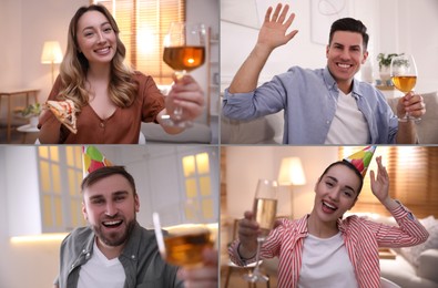 People with glassses of wine having online party at home during quarantine lockdown, view from web camera. Collage with photos