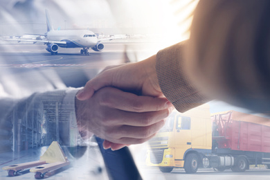 Image of Multiple exposure of business partners shaking hands and different different transports. Logistics