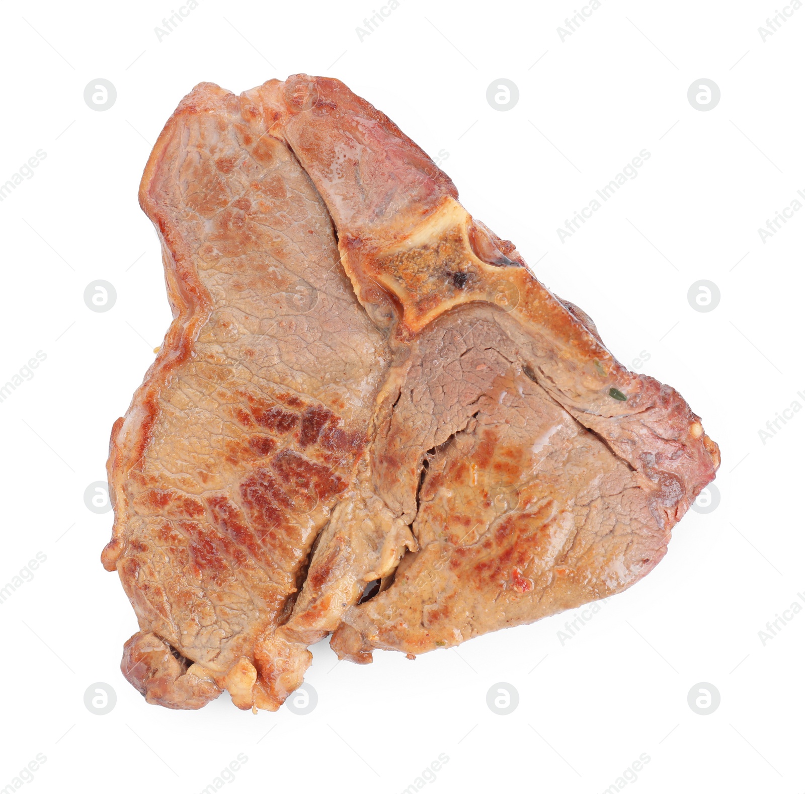 Photo of Delicious fried beef meat isolated on white, top view