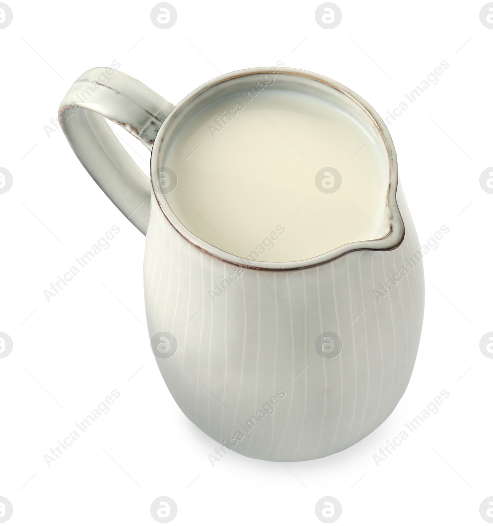 Photo of One jug full of fresh milk isolated on white, above view