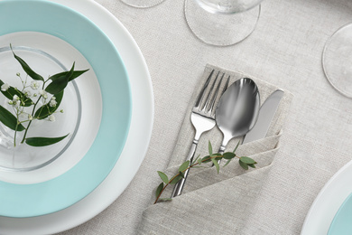 Elegant festive setting on table, flat lay