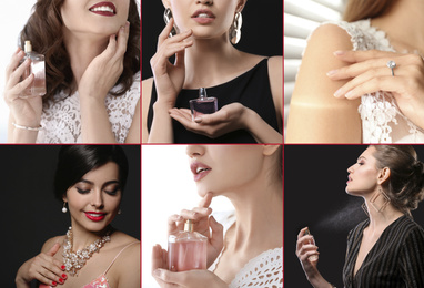 Image of Collage of beautiful young women with luxury jewelry and perfume 