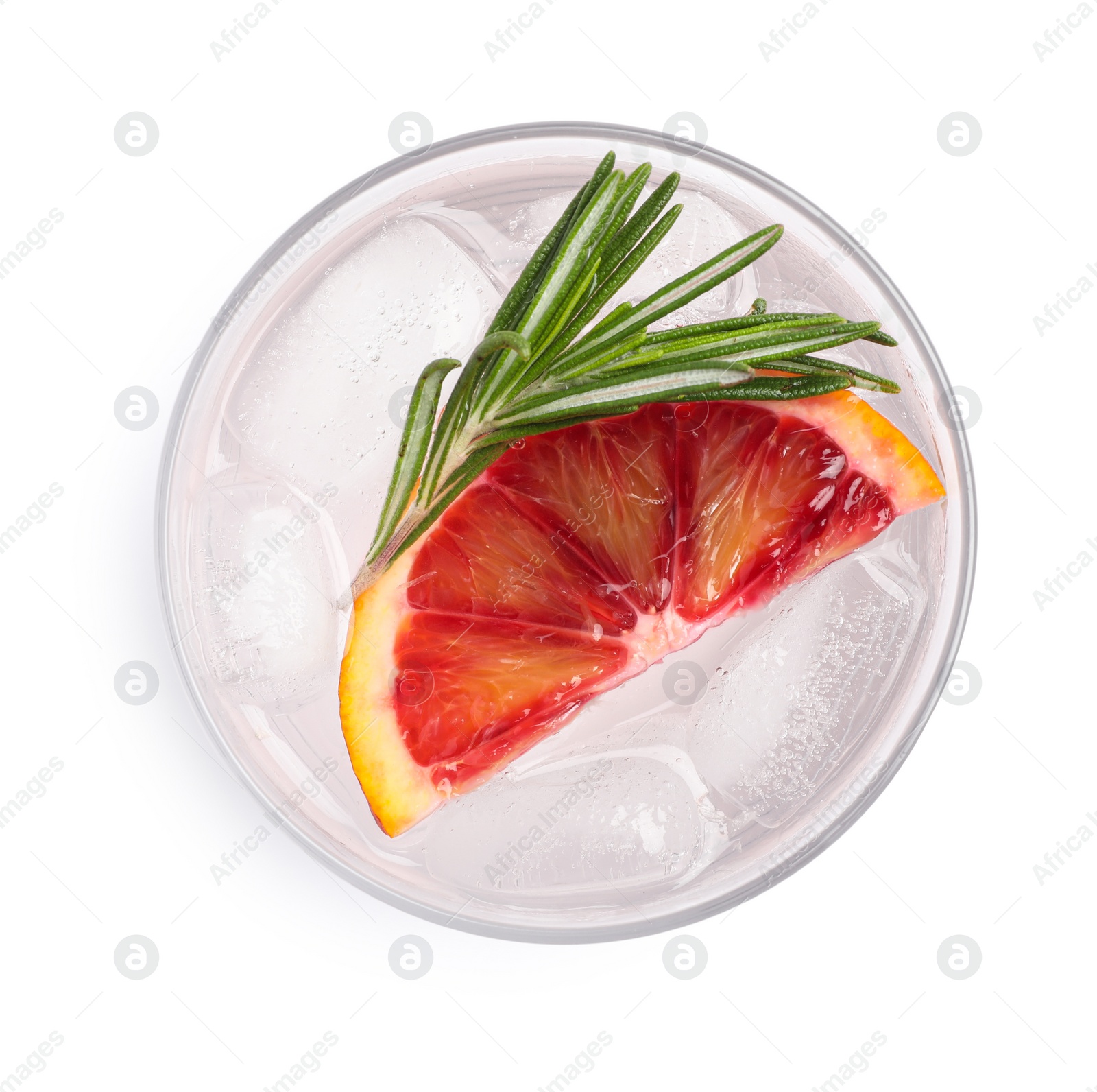 Photo of Delicious refreshing drink with sicilian orange, fresh rosemary and ice cubes in glass isolated on white, top view