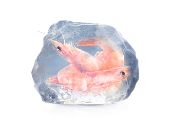 Image of Frozen food. Cooked whole shrimps in ice cube isolated on white