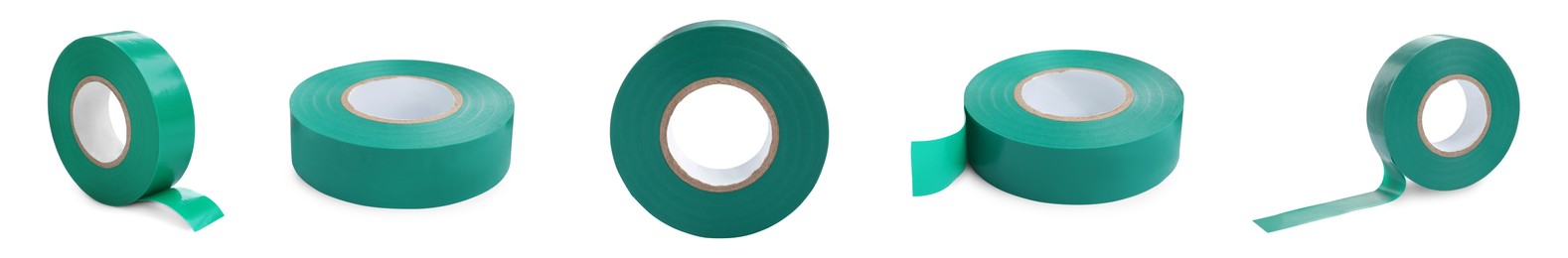 Image of Collage with green insulating tape on white background, different sides