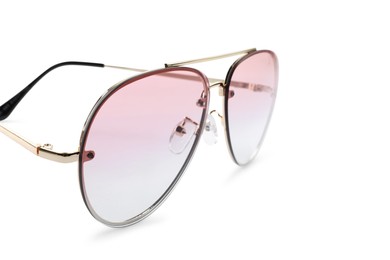 New stylish sunglasses isolated on white, closeup