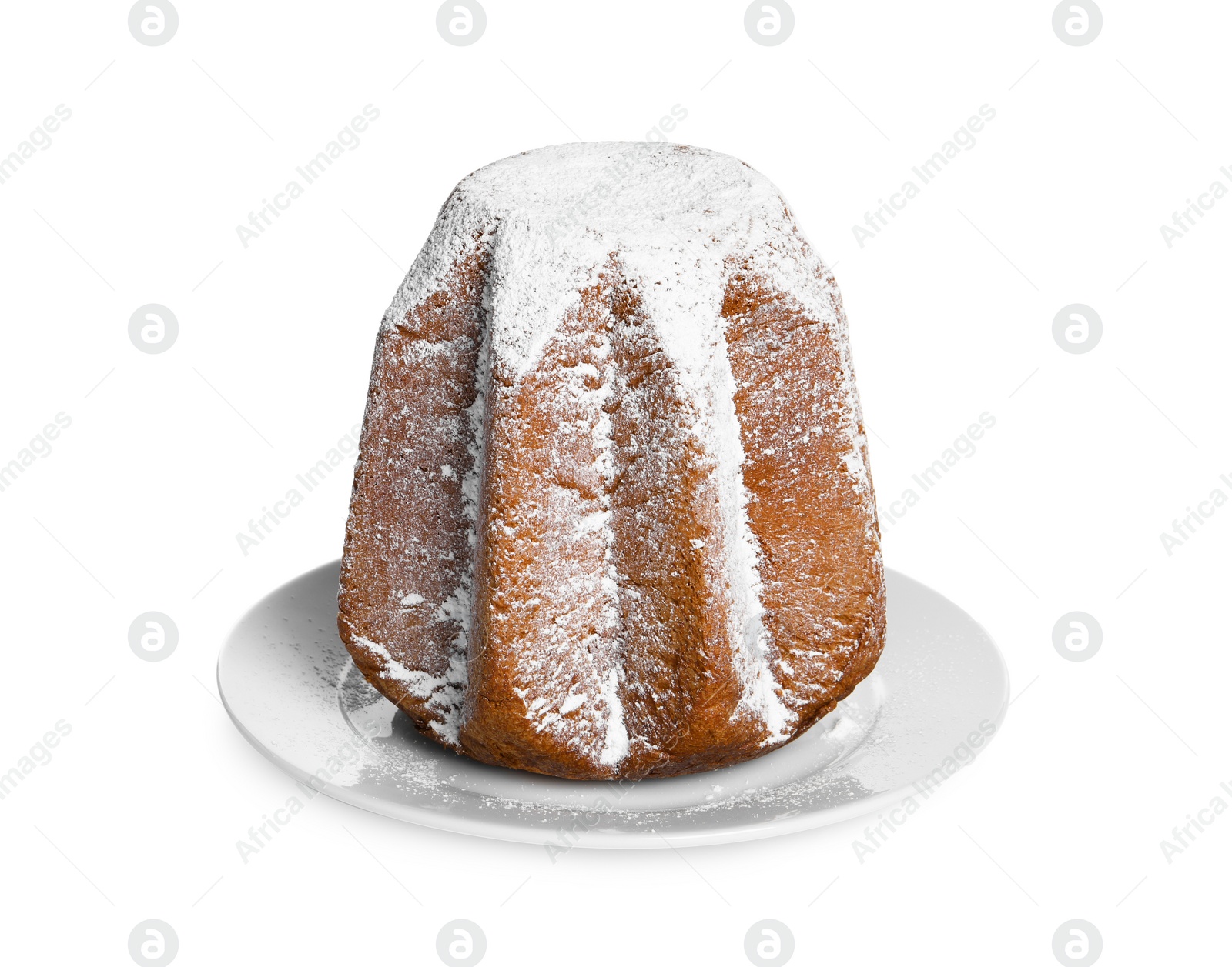 Photo of Delicious Pandoro cake decorated with powdered sugar isolated on white. Traditional Italian pastry