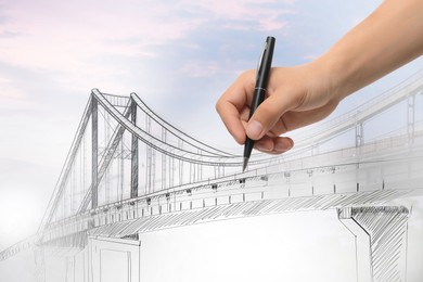 Image of Man drawing picture of bridge, closeup. Business cooperation concept