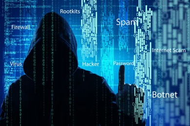 Image of Man in hood and digital code on dark background. Cyber attack concept