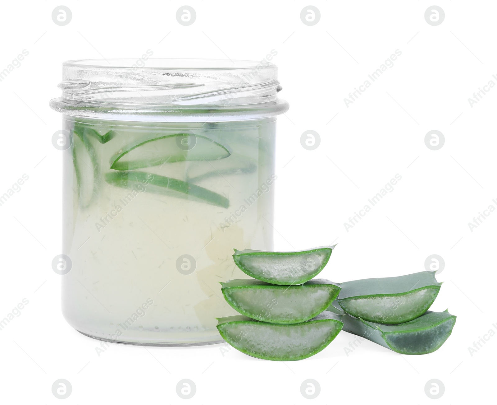 Photo of Fresh aloe juice in jar and cut leaves isolated on white