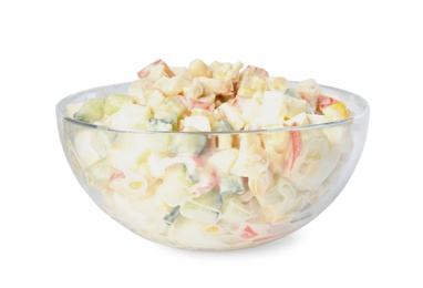 Photo of Delicious salad with fresh crab sticks in glass bowl on white background