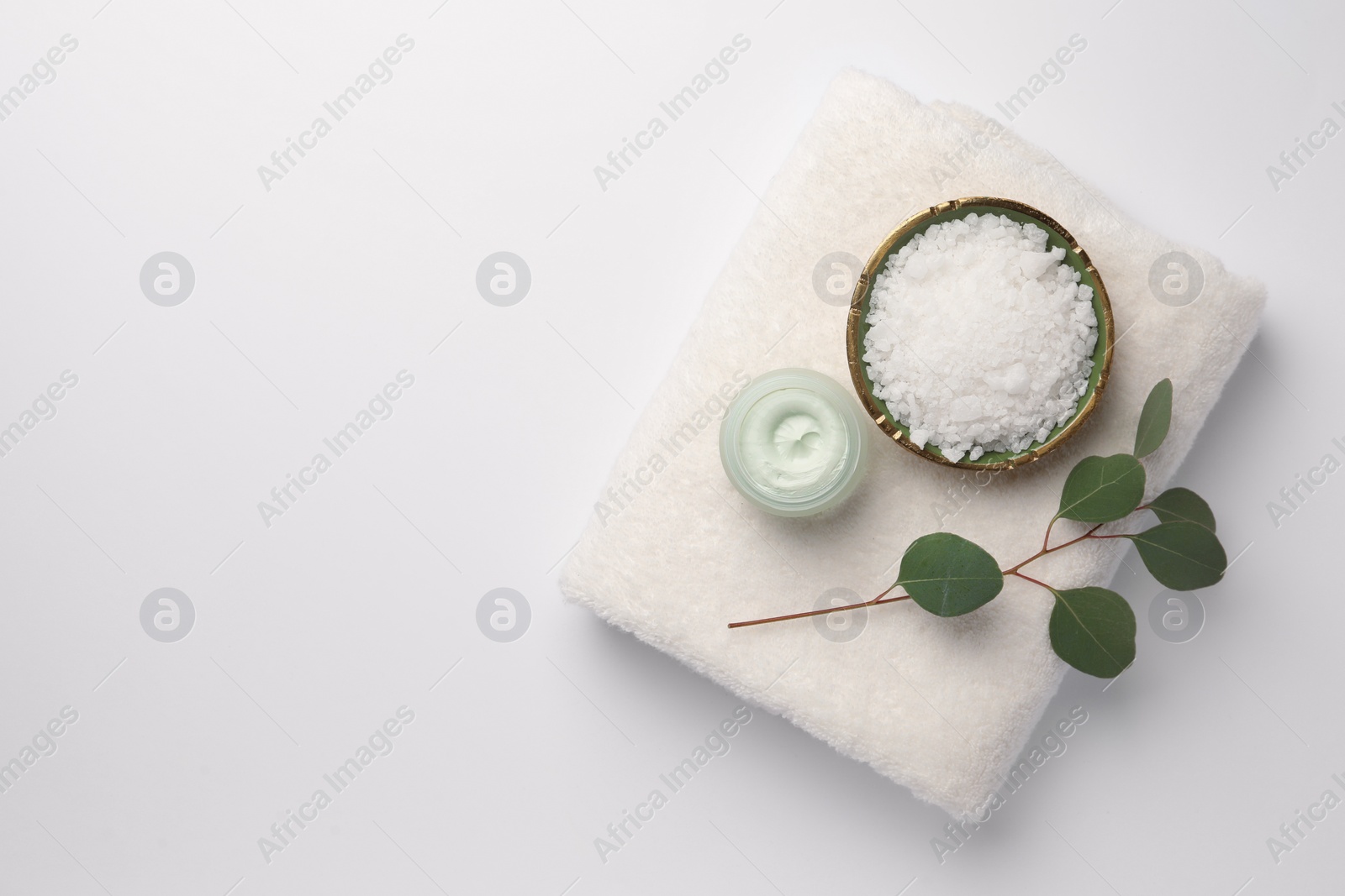 Photo of Beautiful composition with different spa products on white background, top view. Space for text