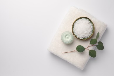 Beautiful composition with different spa products on white background, top view. Space for text