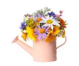 Photo of Pink watering can with beautiful flowers isolated on white