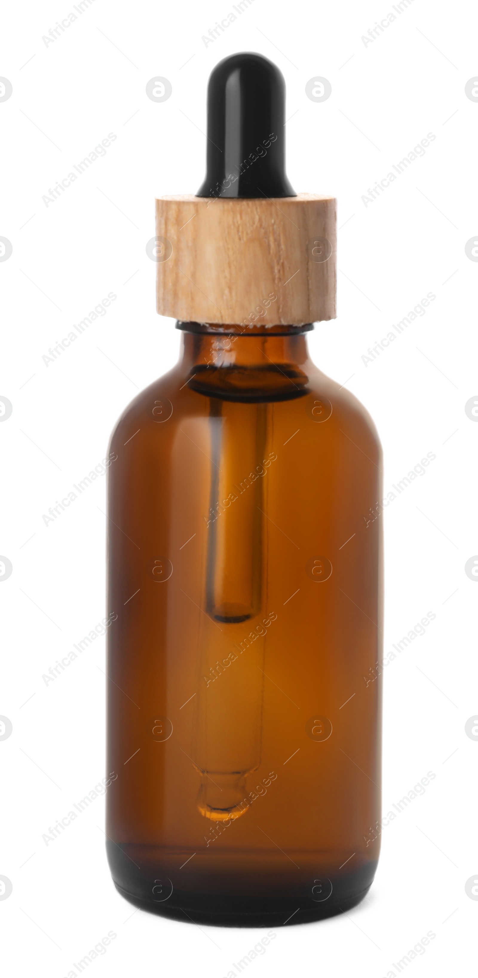 Photo of Bottle of essential oil isolated on white