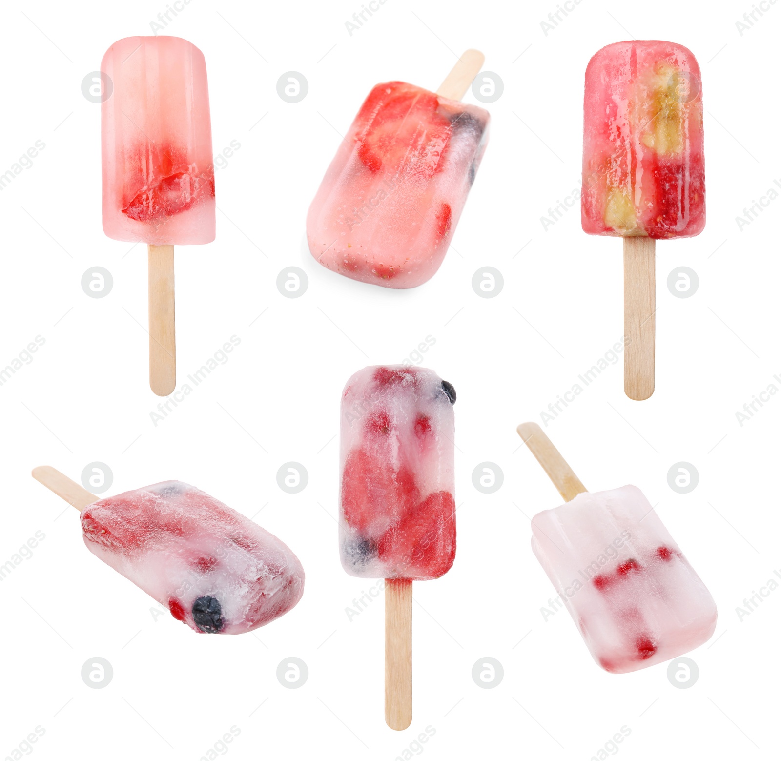 Image of Set with tasty berry ice popsicles on white background