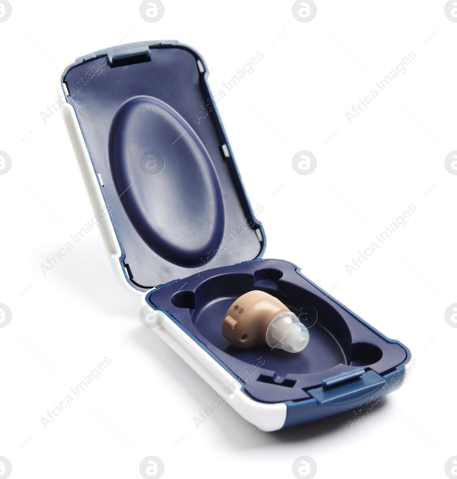 Photo of Case with hearing aid on white background