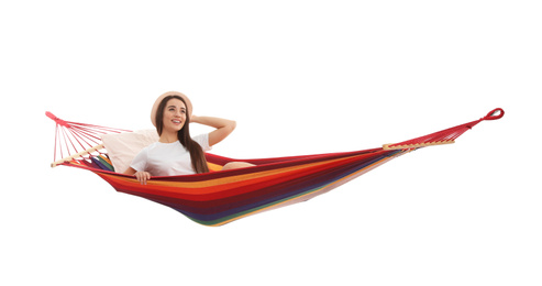 Photo of Woman resting in hammock on white background