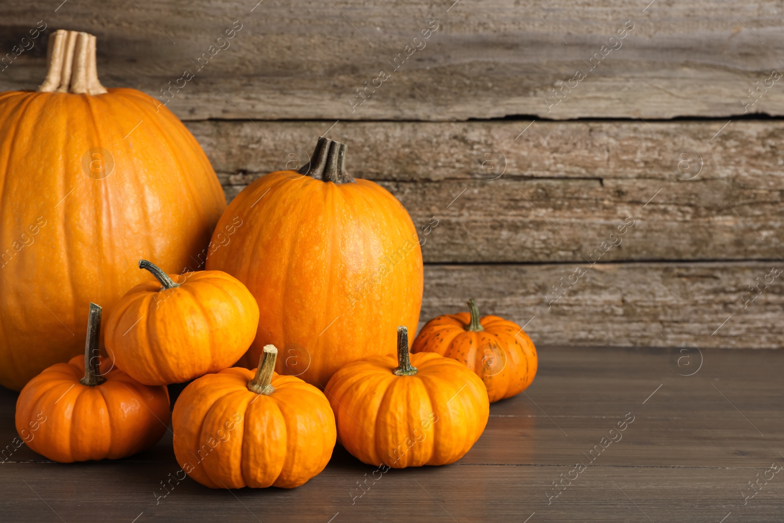 Photo of Fresh ripe pumpkins on wooden table, space for text