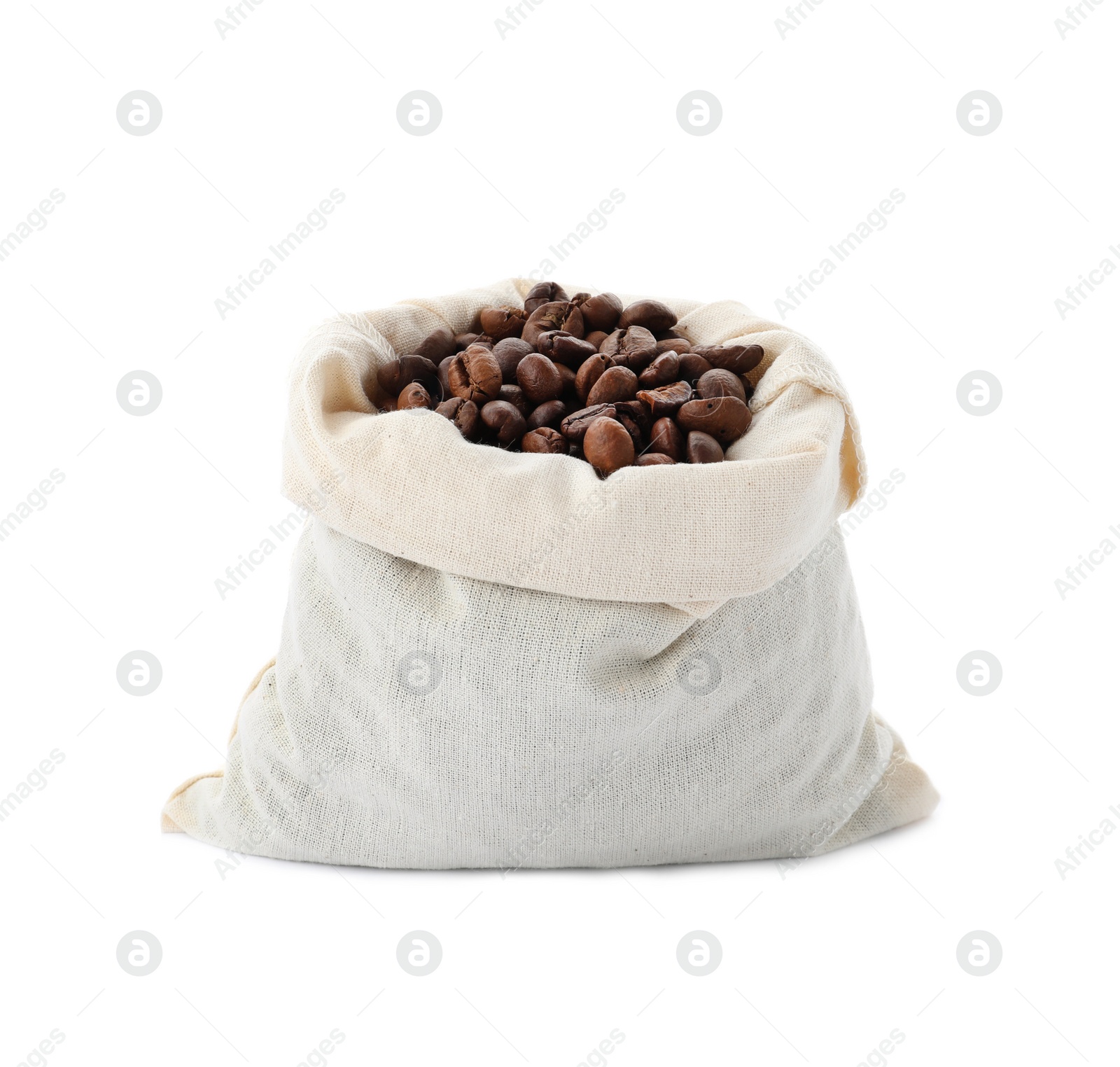 Photo of Cotton eco bag with coffee beans isolated on white