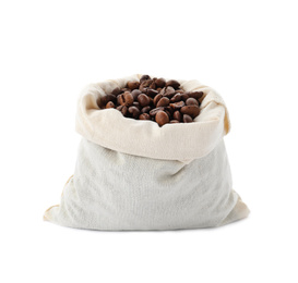 Photo of Cotton eco bag with coffee beans isolated on white