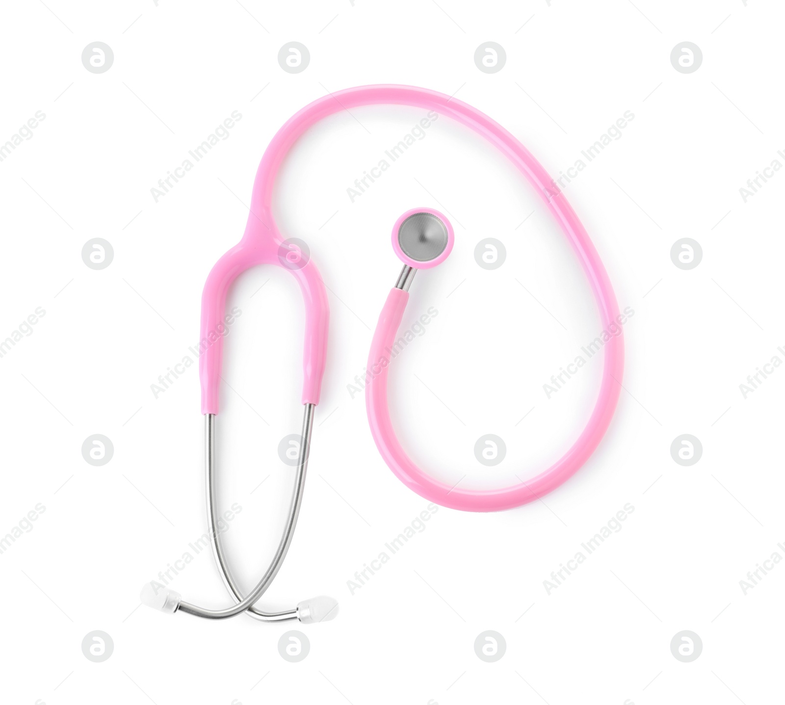 Photo of Stethoscope on white background, top view. Medical device