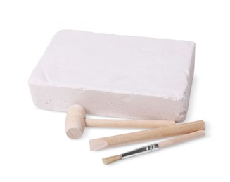 Photo of Educational toy for motor skills development. Excavation kit (plaster, digging tools and brush) on white background