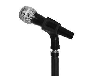 Stand with modern microphone on white background