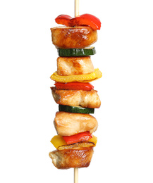 Photo of Delicious chicken shish kebab with vegetables on white background