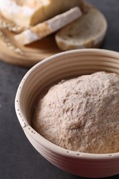 Fresh sourdough in proofing basket and bread on grey table, closeup