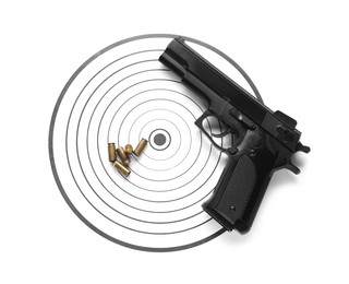 Photo of Shooting target, handgun and bullets isolated on white, top view