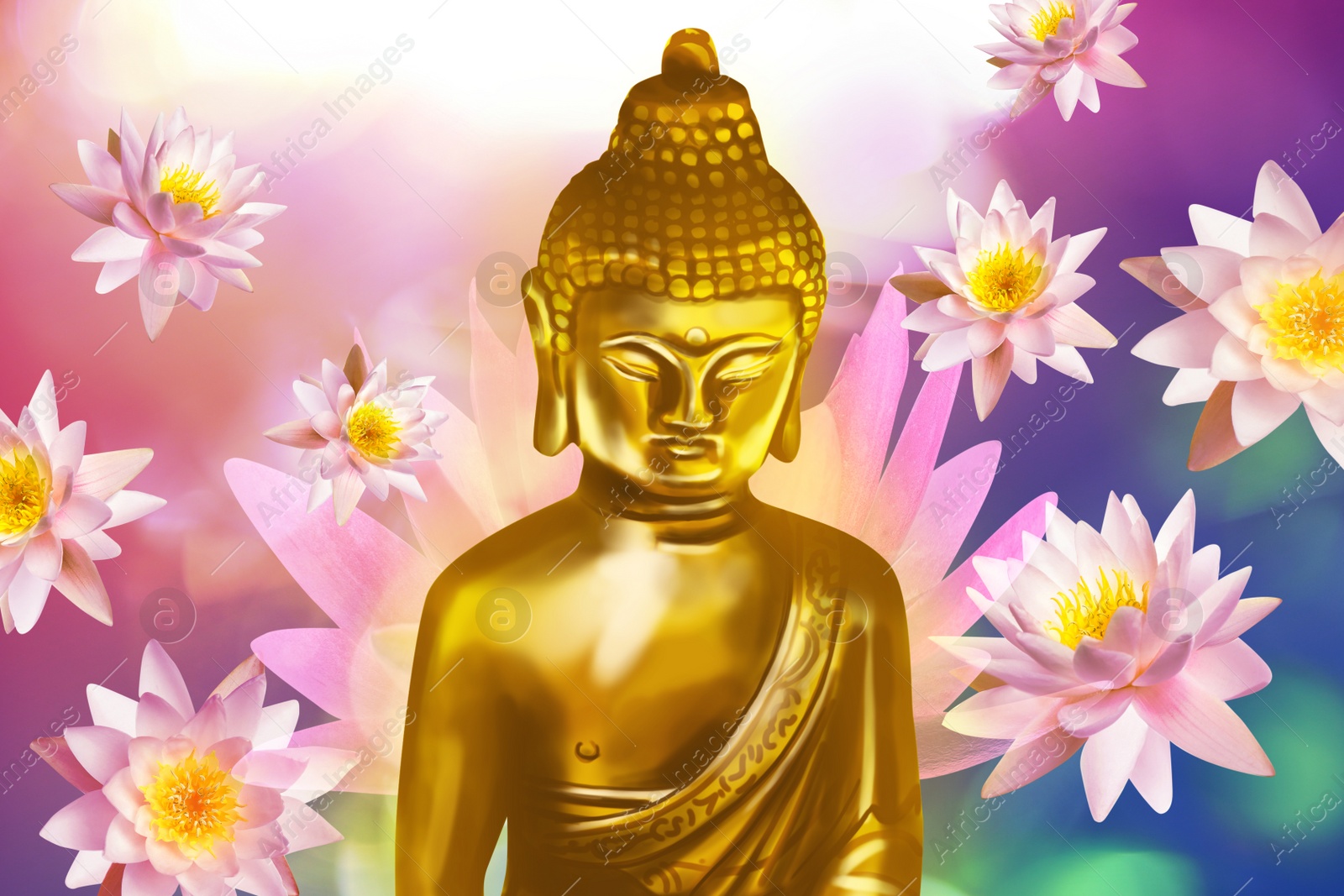 Image of Buddha figure surrounded by lotus flowers on bright background