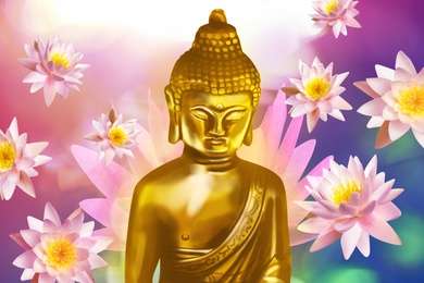 Image of Buddha figure surrounded by lotus flowers on bright background