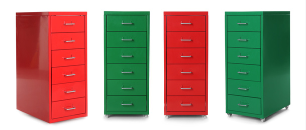 Image of Collage with bright chests of drawers on white background. Banner design