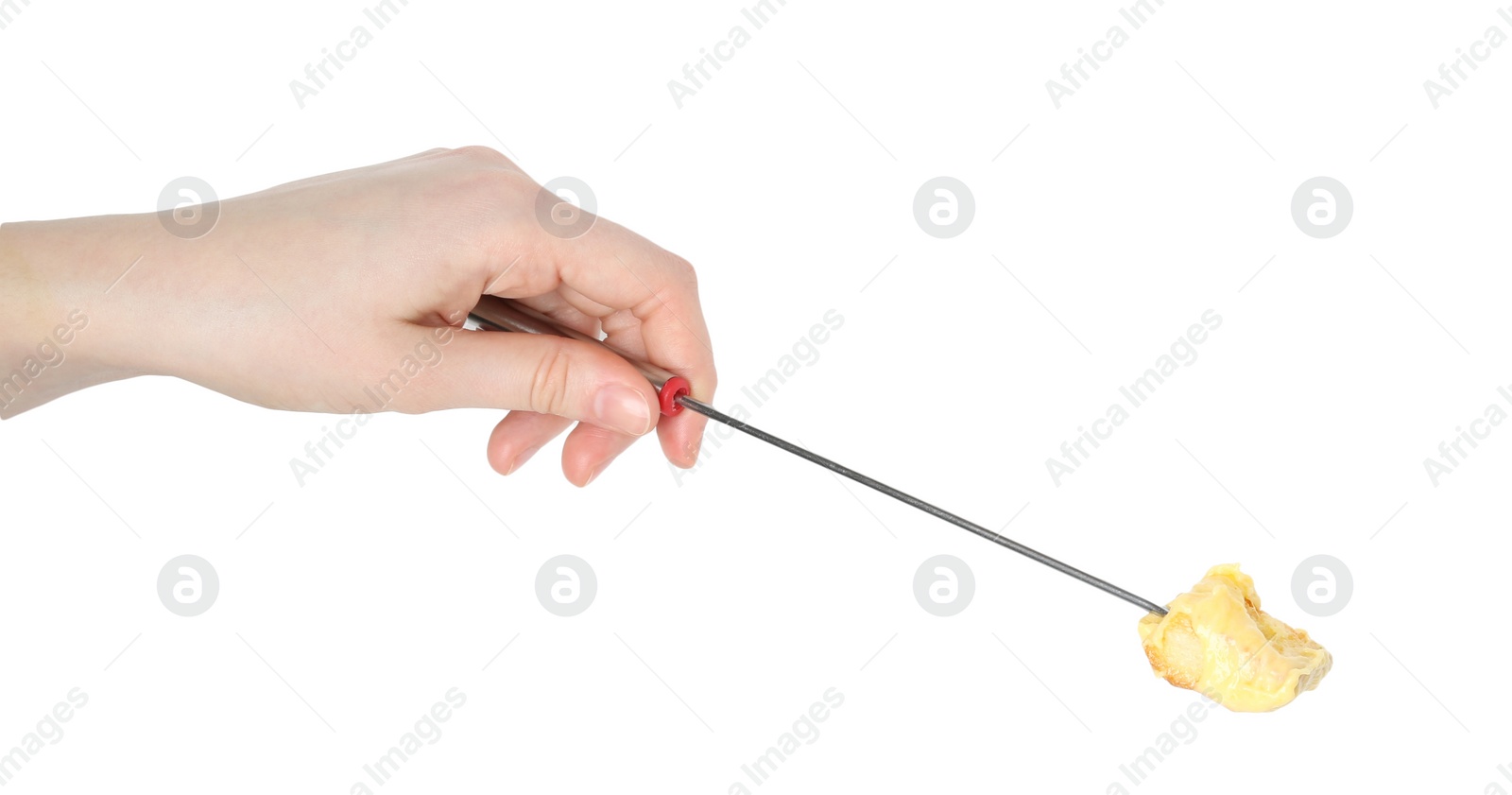 Photo of Tasty fondue. Woman holding fork with piece of bread and melted cheese on white background, closeup