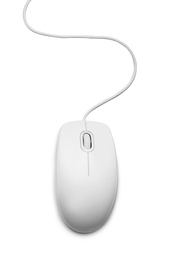 Photo of Modern wired computer mouse isolated on white, top view