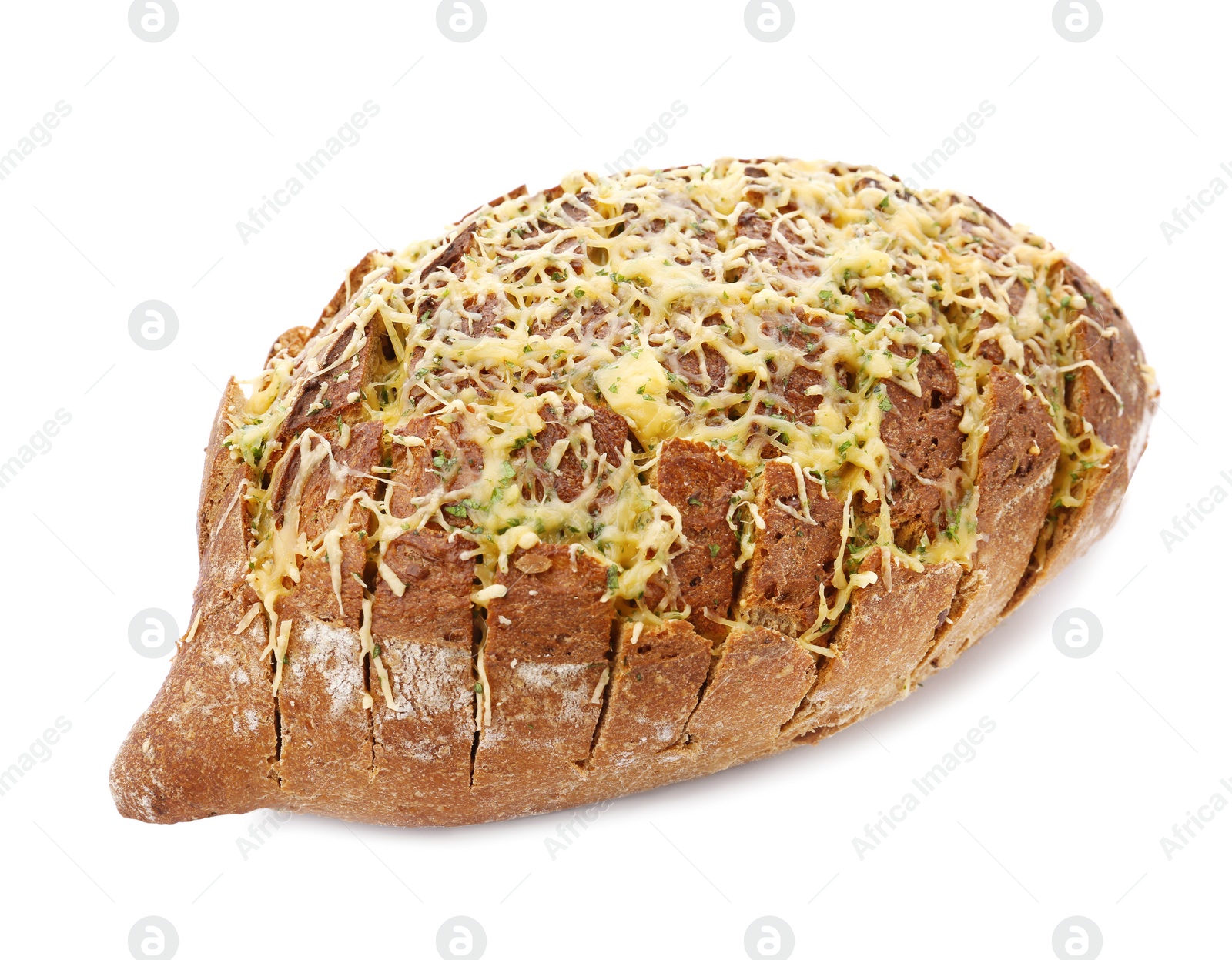 Photo of Tasty homemade garlic bread with cheese and herbs on white background