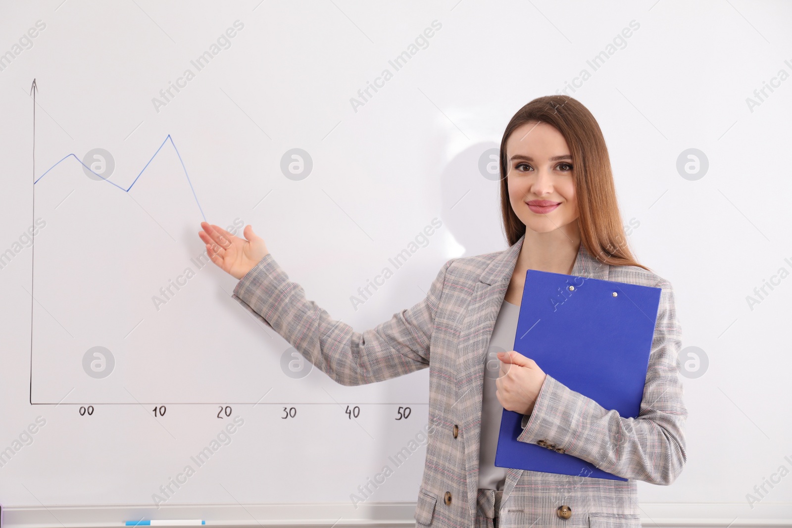 Photo of Professional business trainer near whiteboard in office