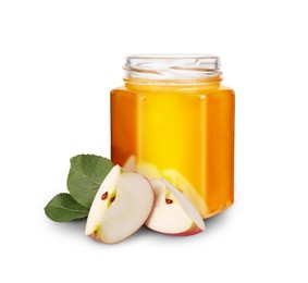 Image of Honey in glass jar and cut apple isolated on white