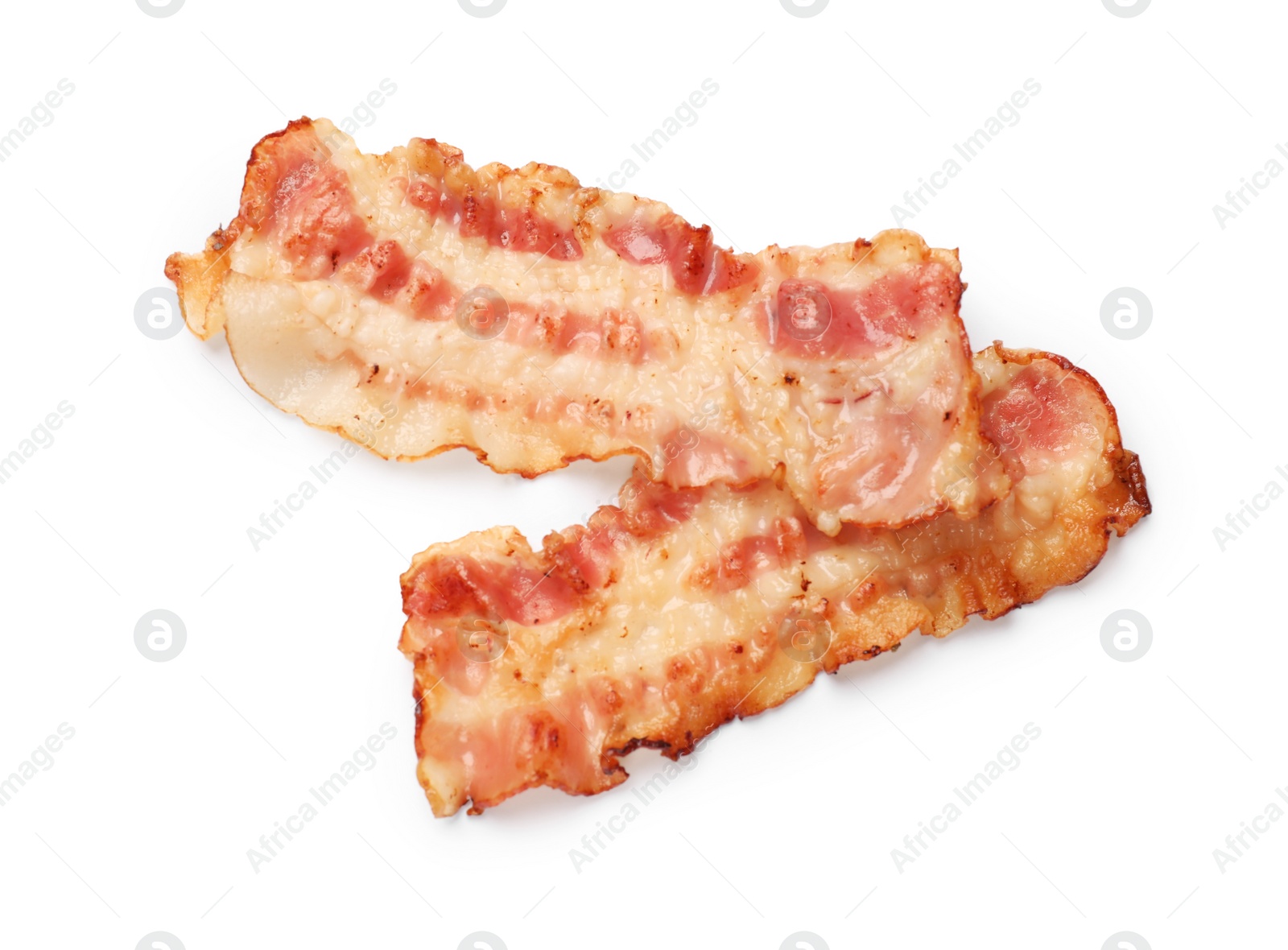 Photo of Delicious fried bacon slices isolated on white, top view