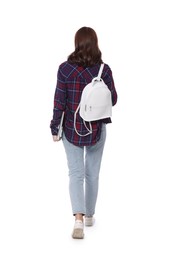 Photo of Woman with stylish backpack walking on white background, back view