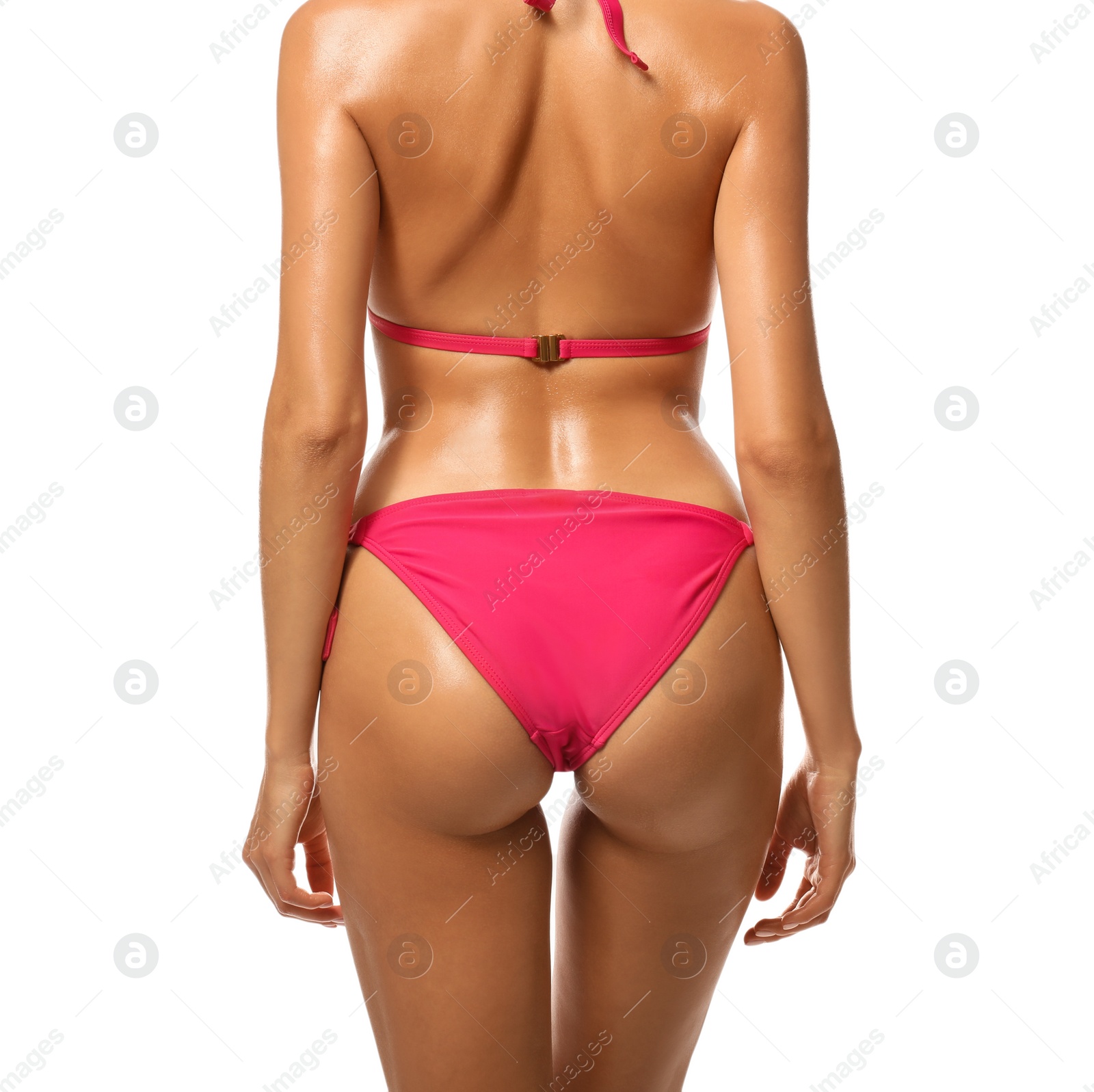 Photo of Sexy young woman in stylish swimsuit isolated on white, closeup. Beach body goal