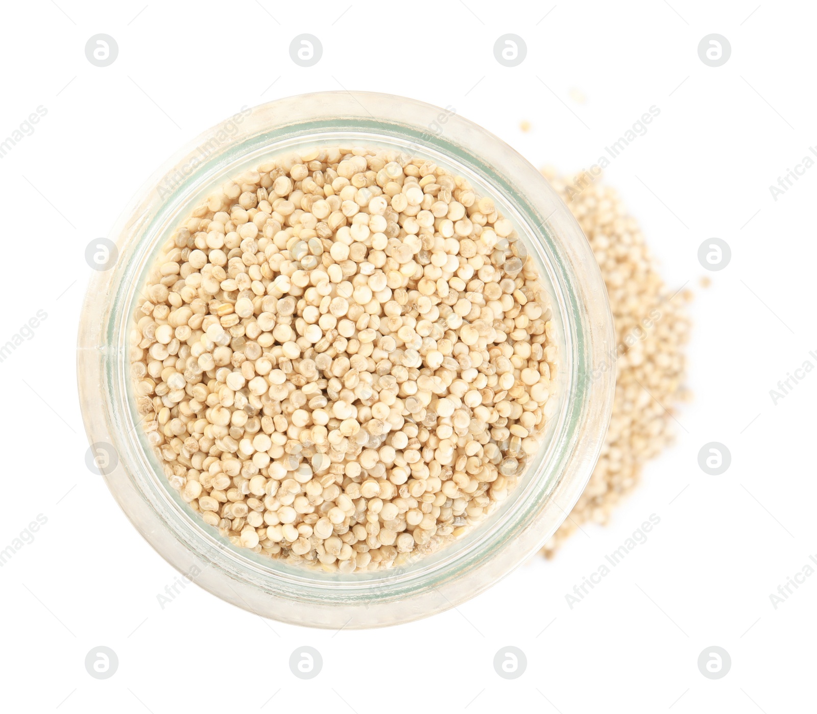 Photo of Jar with quinoa on white background, top view