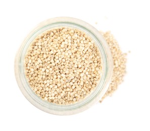 Photo of Jar with quinoa on white background, top view