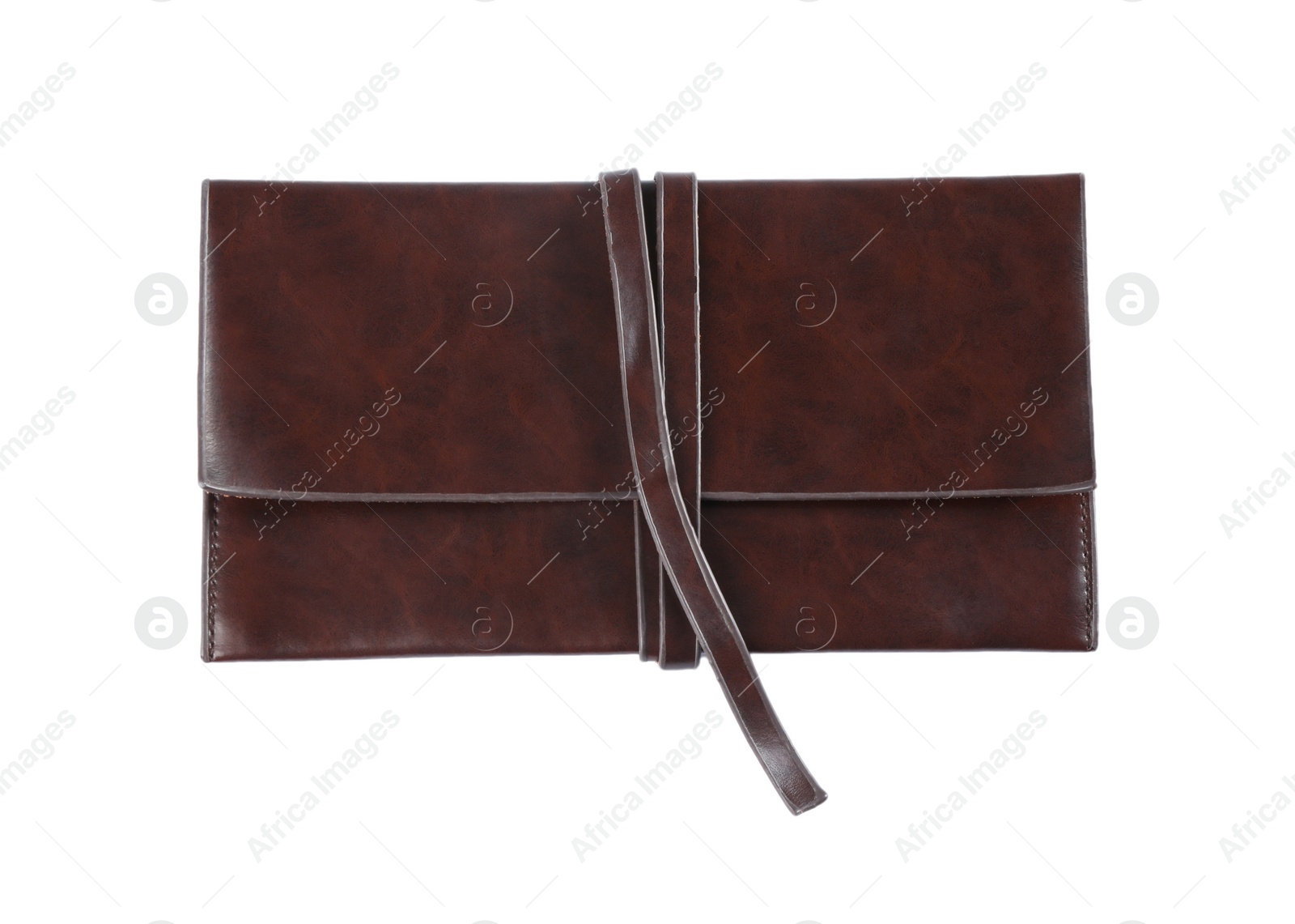 Photo of Stylish leather wallet isolated on white, top view